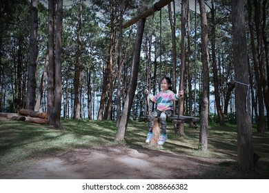 PHETCHABUN, THAILAND – NOVEMBER 13, 2021: Little Asian girl sitting on sitting on a wooden swing in the pine forest on the noon with relaxing and happiness at the top hill in Khao Kho district.