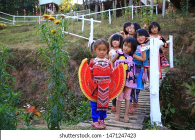 Phetchabun,Thailand,Jan,4,2019, Hmong children with nasal mucus,Portrait of H'mong(Miao) little girls wearing traditional dress during Lunar New Year holiday