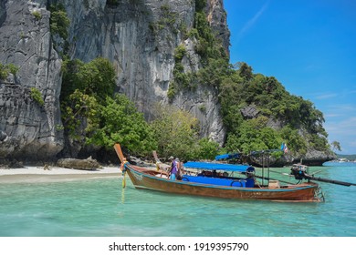 Phi Phi Island, Krabi, Thailand - November 22 2016: Selective focus of a boats in a day trip at Maya Bay, one of the iconic beaches of Phi Phi islands of Southern Thailand, Krabi