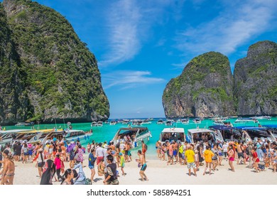 PHI PHI ISLAND, THAILAND - Many people and speed boats at Maya bay, Phi Phi Island, Krabi, Thailand on February 2017