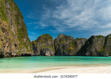 Phi Phi Islands, Thailand - March, 2022: Maya Bay at Phi Phi Islands is a popular tour destination from Krabi and Phuket. The movie the Beach with Leonardo DiCaprio was partly shot here.
