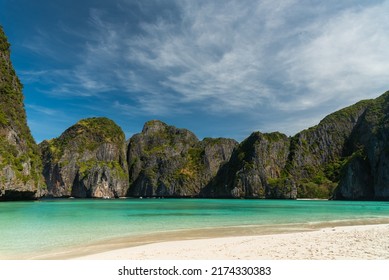 Phi Phi Islands, Thailand - March, 2022: Maya Bay at Phi Phi Islands is a popular tour destination from Krabi and Phuket. The movie the Beach with Leonardo DiCaprio was partly shot here.