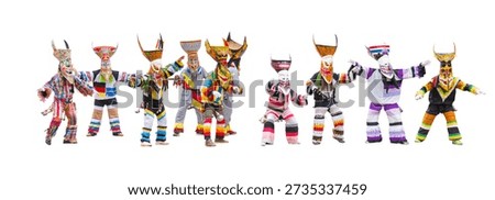 Phi Ta Khon characters, representing a ghost festival in Thailand, on a white background.