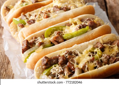 Philadelphia Cheesesteak Sandwich Close-up On Paper On The Table. Horizontal
