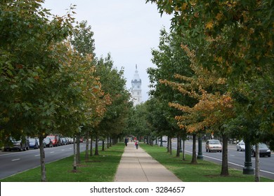 Philadelphia City Hall And Trees Of Benjamin Franklin Parkway