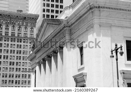 Philadelphia city, Pennsylvania in the United States. Old bank building. Black and white vintage style photo.