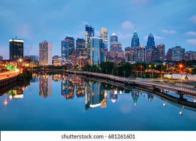 Philadelphia cityscape at sunrise with the Delaware river