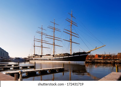 PHILADELPHIA - DEC 1: The square-rigged tall sailing ship, Mosholu, stands reflective and graceful in the still waters of PennÃ¢Â?Â?s Landing on Dec 1, 2013 in Philadelphia, USA