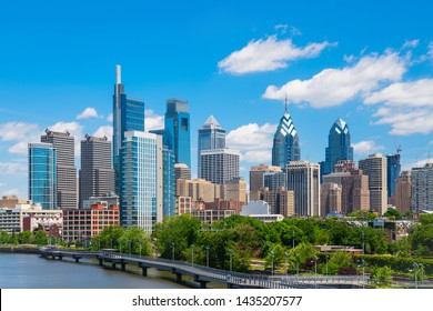 Philadelphia downtown skyline with blue sky and white cloud