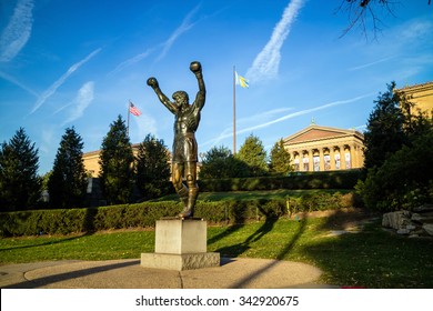 PHILADELPHIA - OCT 20: The Rocky Statue in Philadelphia, USA, on October 20, 2015. Originally created for the movie Rocky III, the sculpture is now a real-life monument to a celluloid hero