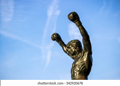 PHILADELPHIA - OCT 20: The Rocky Statue in Philadelphia, USA, on October 20, 2015. Originally created for the movie Rocky III, the sculpture is now a real-life monument to a celluloid hero