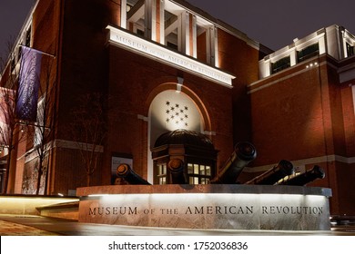 Philadelphia, PA - Feb. 10, 2020: The Museum Of The American Revolution Photographed On A Rainy Night.