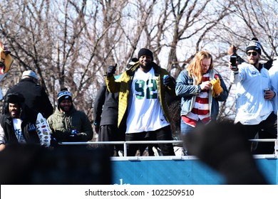 PHILADELPHIA, PA - February 8, 2018: Eagles' Fletcher Cox And Teammates  Celebrate Super Bowl LII NFL World Championship Atop Bus During Parade Down Broad Street