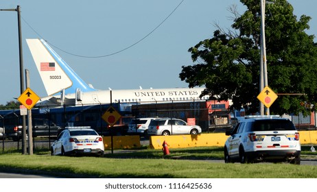 Philadelphia, PA - June 19th, 2018: Air Force Two Being Parked At Philadelphia International Airport, Guarded By Philadelphia Police Department Vehicles