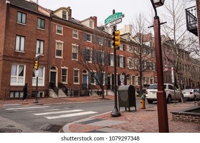 Philadelphia, PA - March 15th, 2018: Wide Angle Street Overview Of South Street Of Philly 