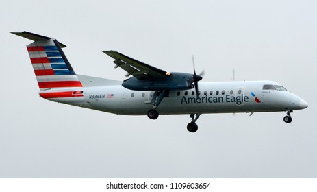 Philadelphia, PA - May 23rd, 2018: An American Eagle Bombardier Dash-8 Q300 Landing At Philadelphia International Airport