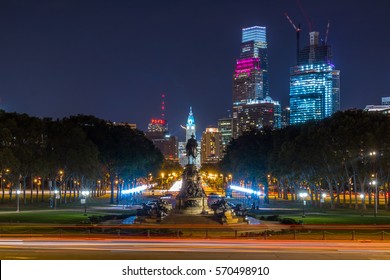 PHILADELPHIA, PA - OCTOBER 29, 2016: Iconic view of downtown Philadelphia at night from the Philadelphia Museum of Art ("Rocky steps") on October 29, 2016 in Philadelphia, Pennsylvania.