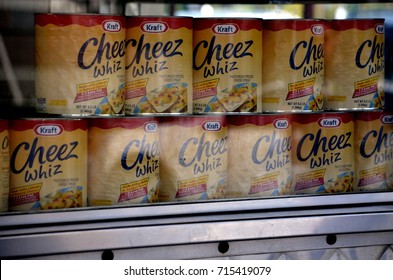 Philadelphia, Pa - October 5, 2015: Cans Of Cheese Whiz, A Processed Cheese Food, That Along With Thinly Sliced Steak And A Roll, Make Up The Cheese Steak Which Is A Signature Food Of Philadelphia