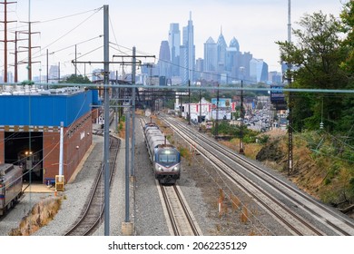 Philadelphia, PA. USA - Amtrak Keystone Train Departing From Philadelphia PA Along The Keystone Corridor. 