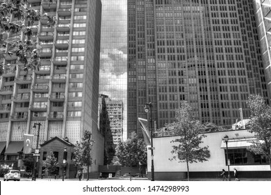 Philadelphia, Pa. USA, Aug. 4, 2019: Philadelphia Downtown Street In Black And White. Aug. 4, 2019 In Philadelphia, Pa. USA