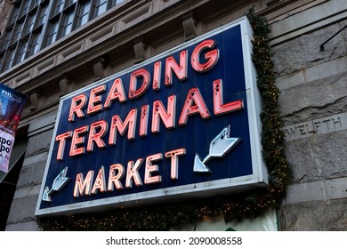 Philadelphia, Pa. USA, Dec. 12, 2021: Reading Terminal Market Sign, Philadelphia, Pa. USA. Dec. 12, 2021 In Philadelphia, Pa. USA