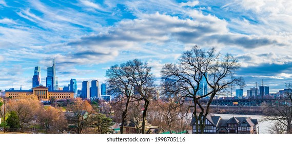 Philadelphia, PA, USA - February 10 2021: View from Lemon Hill of skyline, boat house row, and Art Museum. 