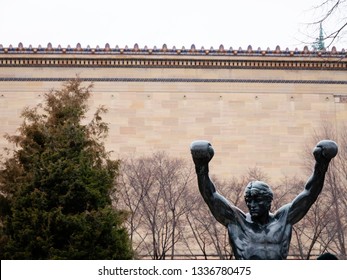 PHILADELPHIA, PA, USA - JAN 2nd, 2019: The Rocky Statue in Philadelphia, USA. Originally created for the movie Rocky III, the sculpture is now a real-life monument to a celluloid. Rocky Balboa statue.