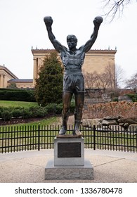 PHILADELPHIA, PA, USA - JAN 2nd, 2019: The Rocky Statue in Philadelphia, USA. Originally created for the movie Rocky III, the sculpture is now a real-life monument to a celluloid. Rocky Balboa statue.