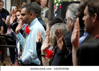 Philadelphia, PA / USA - June 14, 2019: Thirteen Immigrants Officially Become New U.S. Citizens In A Special Naturalization Ceremony On Flag Day At The Historic Betsy Ross House In Philadelphia,