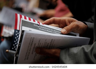 Philadelphia, PA / USA - June 14, 2019: Thirteen Immigrants From 12 Different Countries Become New U.S. Citizens In A Special Naturalization Ceremony On Flag Day At The Historic Betsy Ross House.

