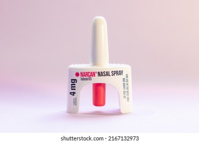 Philadelphia, PA, USA - June 2022 - Hand holding a Narcan Evzio Naloxone nasal spray opioid drug overdose prevention medication