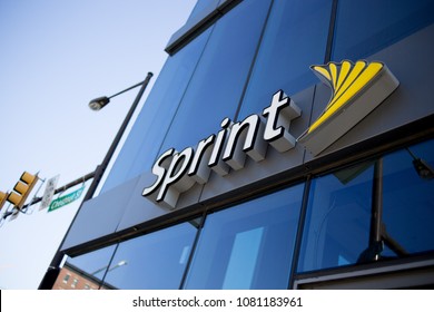 Philadelphia, PA, USA - May 1 2018: A Sprint store in the University City neighborhood is seen, two days after the cellular carrier announced plans for a $27 billion merger with competitor T-Mobile.