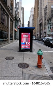 Philadelphia, PA/USA: 02.17.2020: Bus Shelter With An Advertisement On Walnut Street In Philly. This Area Is One Of The Busiest Shopping Places In The City.