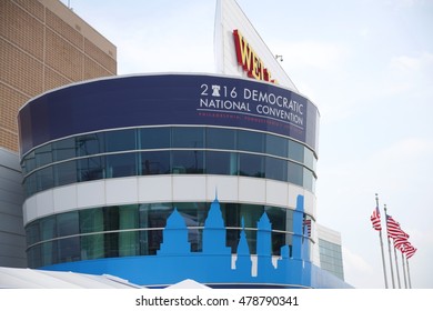 Philadelphia, PA/USA July 25, 2016: Exterior Wells Fargo Center, Draped In DNC Convention Signage.