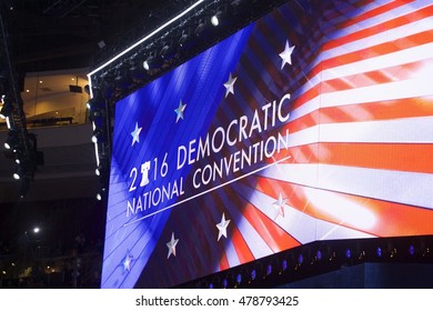 Philadelphia, PA/USA July 25, 2016: Interior Wells Fargo Center, Main Stage Electronic DNC Signage.