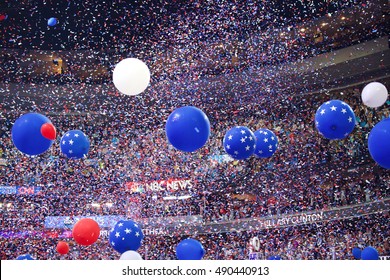 Philadelphia, PA/USA July 28, 2016: After Secretary Clinton completes her address at the Democratic National Committee Convention the ballon drop followed.