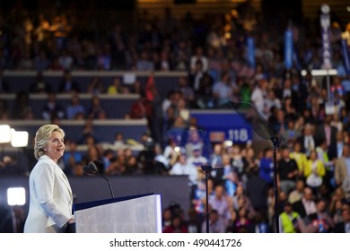 Philadelphia, PA/USA July 28, 2016: Democratic Presidential Nominee Hillary Clinton Addresses The Democratic National Committee Convention. She Officially Accepted The DNC Nomination.