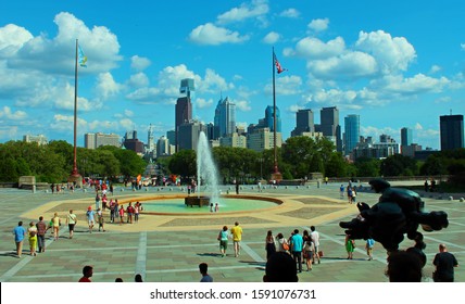 Philadelphia, Pennsylvania - 08/13/2016: Philadelphia Museum Of Art From Rocky's Stairs. Philadelpia's Skyline In The Background.