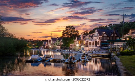 PHILADELPHIA, PENNSYLVANIA - APRIL 23, 2020: Boat House Row Philadelphia PA At Dusk