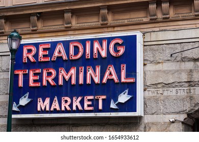 Philadelphia, Pennsylvania - February 24, 2020:  Reading Terminal Market Neon Sign.