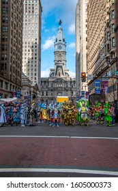 Philadelphia, Pennsylvania - January 1, 2020: New Years Day Mummers Parade Men In Colorful Costumes Strut And Perform On Broad Street In This Annual Tradition