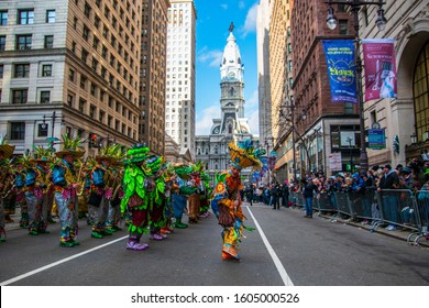 Philadelphia, Pennsylvania - January 1, 2020: New Years Day Mummers Parade Men In Colorful Costumes Strut And Perform On Broad Street In This Annual Tradition