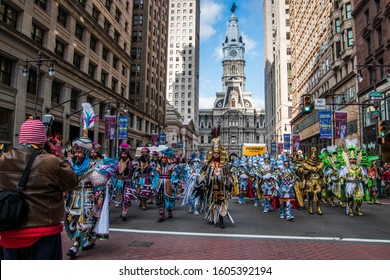 Philadelphia, Pennsylvania - January 1, 2020: New Years Day Mummers Parade Men In Colorful Costumes Strut And Perform On Broad Street In This Annual Tradition