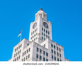 Philadelphia Pennsylvania - July 23 2021: The top of the Inquirer Building current police headquarters in Philadelphia