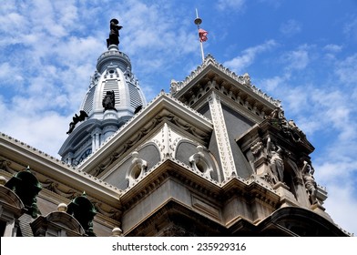 Philadelphia, Pennsylvania - June 25, 2013:  The soaring 548 foot high tower topped by Alexander Milne Calder's statue of William Penn atop Philadelphia City Hall built between 1871-1901