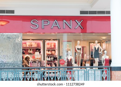 Philadelphia, Pennsylvania, May 19 2018: Spanx Store Sign Entrance With Vibrant Red, Pink Color Display In  Philadelphia.