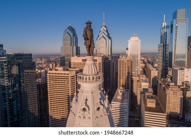PHILADELPHIA, PENNSYLVANIA - OCTOBER 08, 2019: Statue of William Penn. Philadelphia City Hall. William Penn is a bronze statue by Alexander Milne Calder of William Penn. 