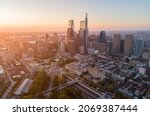 Philadelphia, Pennsylvania Sunset Skyline Cityscape with Skyscrapers and Clear Sunset Sky. Beautiful Sunset Light.