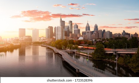Philadelphia, Pennsylvania, United States of America. Aerial Panoramic View of a Modern Downtown City. Sunset Sky Composite. Cityscape Panorama