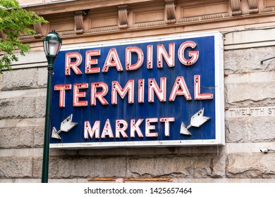 Philadelphia, Pennsylvania, USA - 26 April 2019: The Reading Terminal Market Sign On The Outside Of The Building.